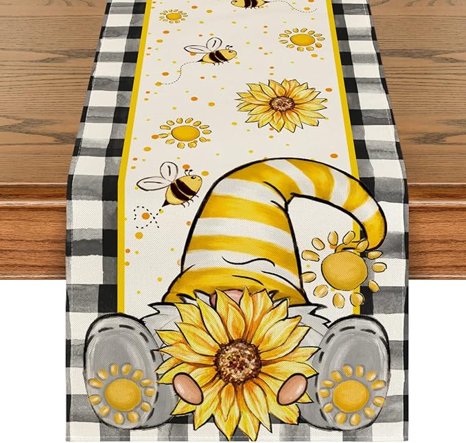 Artoid Mode Buffalo Plaid Sunflower Gnome Bee Summer Table Runner, Seasonal Spring Kitchen Dining Table Decoration for Home Party Decor 13x48 Inch