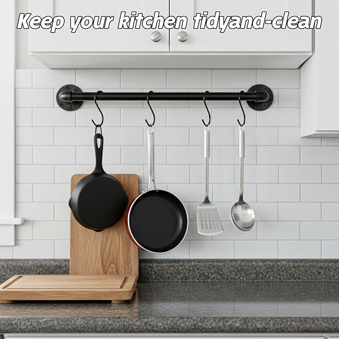 2 Pcs 21 Inch Wall Mounted Pot Rack, Black Iron Industrial Pipe Pan Hanger with 10 Hooks, Kitchen Utensil Organizer and Storage Solution for Pots, Pans and Lids