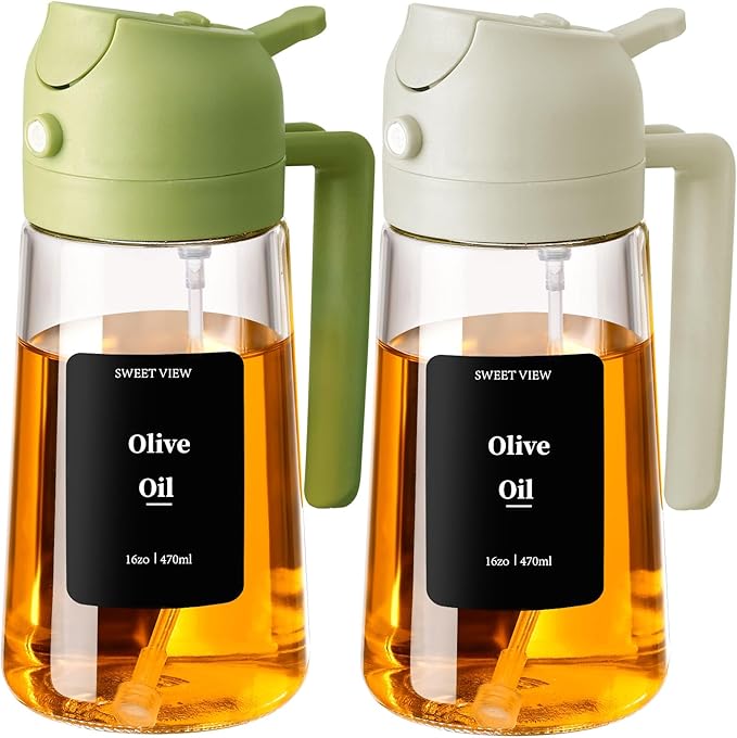 SWEET VIEW 2PCS Oil Sprayer for Cooking, 16oz/470ml Glass Oil Dispenser/Pour Bottle, Kitchen Accessories, Kitchen Gadgets for Air Fryer, Salad, BBQ, with Stickers (Green,White)