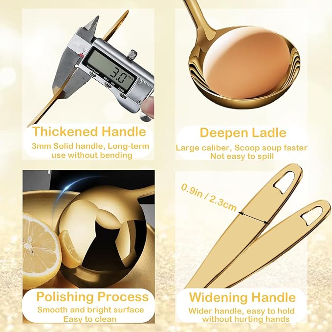 2Pcs Soup Ladle Soup Spoons 304 Stainless Steel Gold Ladle, 12.2Inch Long Handle Large Serving Spoon for Cooking Buffet, Party, Kitchen, Gold