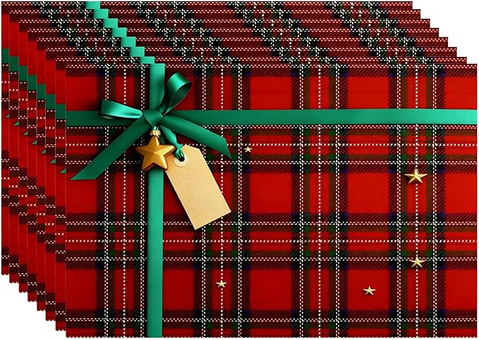 Batmerry Empty Tag On Scottish Plaid Placemats, Bow and Washable Linen Table Mats for Kitchen Table Double Insulation Decor Dining Set Indoor Outdoor 12X18 in Set of 8