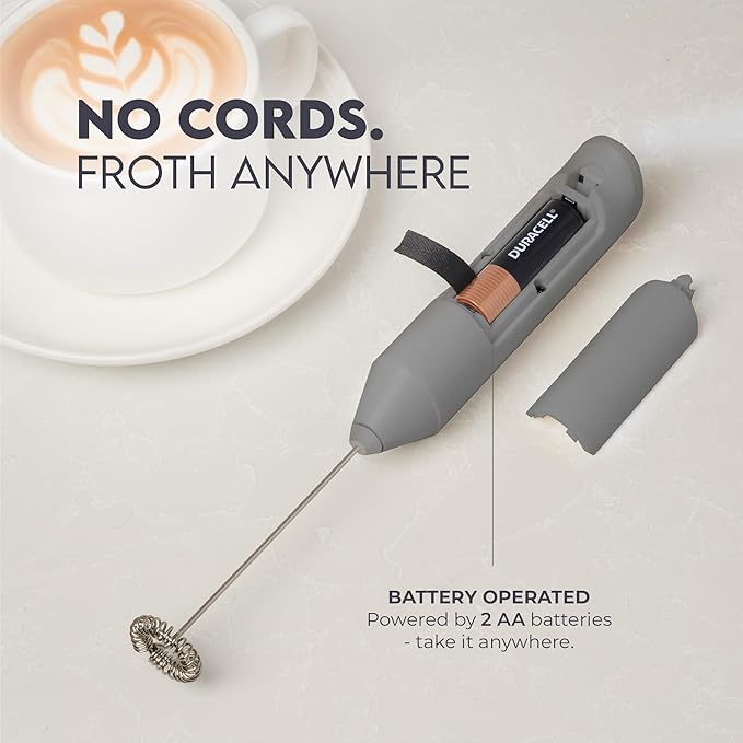 Zulay Kitchen Powerful Milk Frother AA Batteries Included – Ultra Fast Handheld Drink Mixer with Stainless Steel Whisk Stirrer for Coffee, Protein, Matcha & More, Frother Wand Electric Frothmate Gray