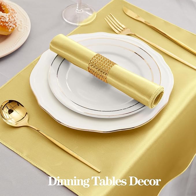 RUDONG M 100 Pcs Gold Satin Napkins and Napkin Rings Set, 17 x 17 Inch Square Cloth Napkins Set of 50, Silky Soft Table Napkins Bulk for Weddings, Banquet, Parties Dinner Decoration