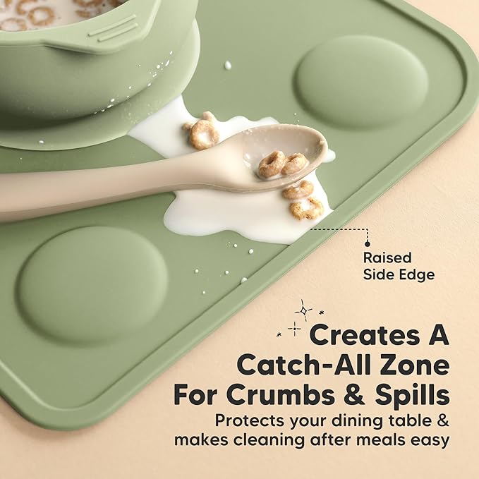 KeaBabies 2pk Silicone Placemats for Toddlers, Kids - 12x9 Non Slip Suction Baby Silicone Placemat for Restaurants, Dining Table,Travel, Easy to Clean, Food Grade/BPA-Free, Small Baby Table Mat (Sage)
