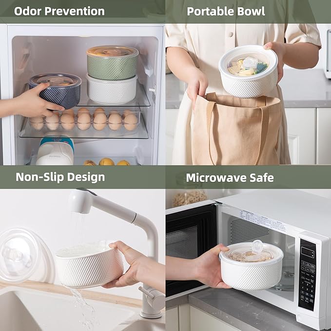 Large Ceramic Bowls with Lids: 32 oz Microwave Safe Food Storage Containers for Soup Salad Meal Prep Lunch Picnic Camping - 6 Inch, Set of 4 (White)