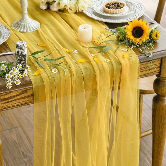 Artoid Mode Yellow Gauze Table Runner 120 Inch 10FT, Seasonal Sheer Kitchen Dining Holiday Wedding Birthday Baby Shower Table Decor for Home Party