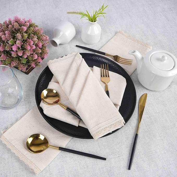 FINGERCRAFT Dinner Cloth Napkin Cotton Linen 4 Pack Vintage Rustic Premium Quality Mitered Corners Napkin Cloth with Elegant Lace for Everyday Use, Pre Shrunk and Good Absorbency 20x20 in Ivory