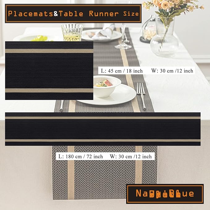 PIGCHCY Luxurious Placemats and Table Runner Set, Stylish Durable Placemats Set of 6 for Home Wedding Hotel Decoration (Black)