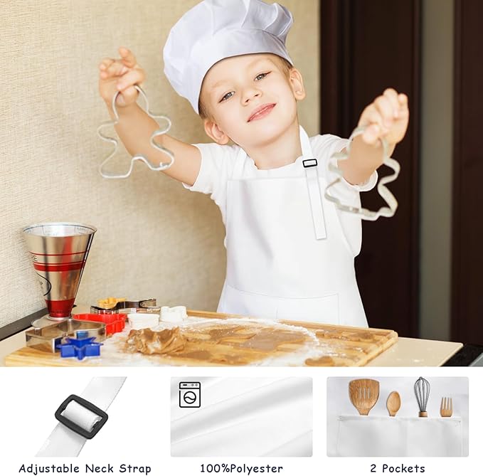Kids Apron and Chef Hat Set, 30 Pieces Boys Girls Kids Apron with 2 Pockets Adjustable for Cooking Classroom Baking Painting, 6-13 Years, White