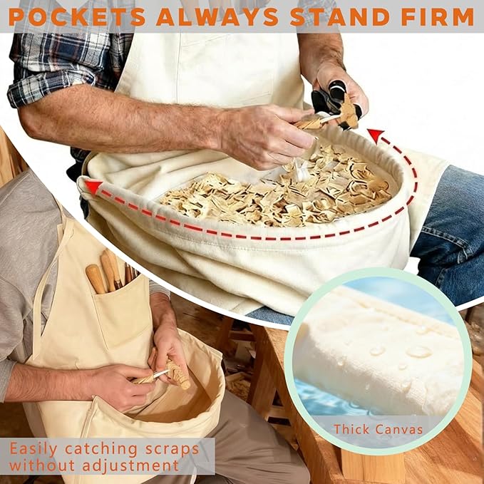 Woodcarving Apron-Work Apron with Brown Leather Chest Patches, Tool Pocket