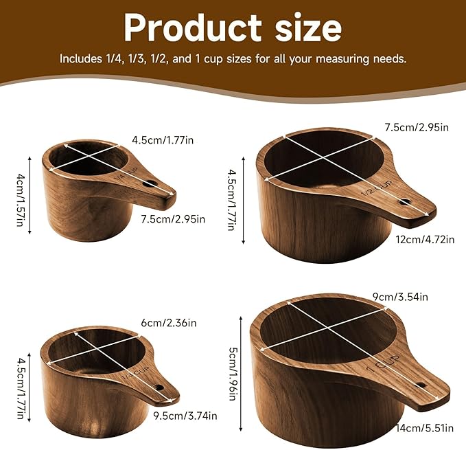 Wooden Measuring Cups and Spoons Set - Eco-Friendly Solid Acacia Wood, Laser Engraved Measurements, Perfect for Baking & Cooking - Ideal for Bakers (4-Pc Acacia Wood Measuring Cups)