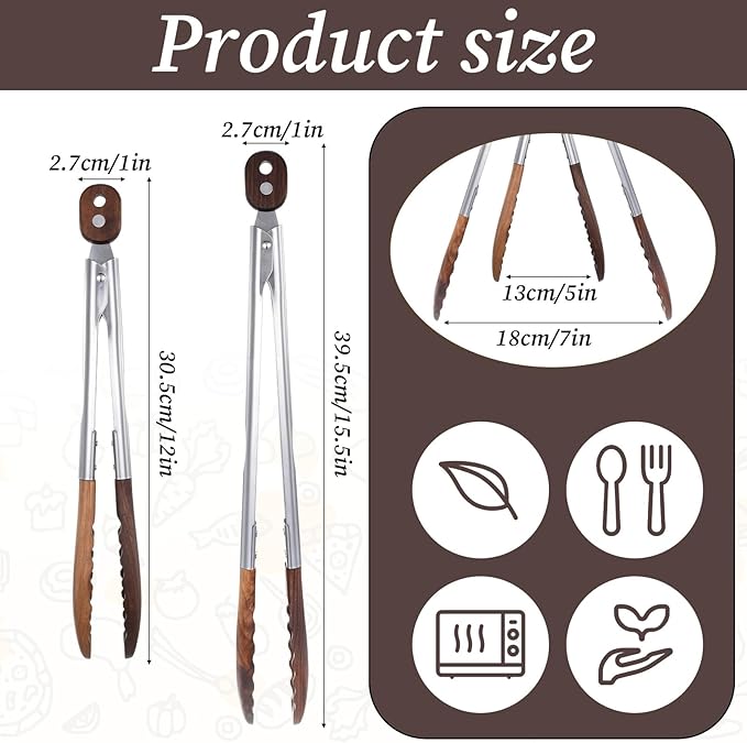 2 Pcs Wooden Tongs for Cooking, 9 & 10 Inch Durable Salad Tongs with Walnut Wood Tip Multifunctional Stainless Steel Handle Kitchen Tong for Serving Food, Bread, BBQ, Tossing Salad - Lock Dsign