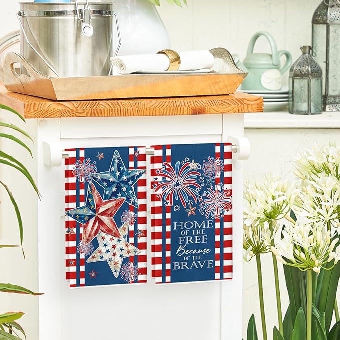Artoid Mode Stripes Star Fireworks 4th of July Kitchen Towels Dish Towels, 18x26 Inch Independence Day Decoration Cleaning Set of 2