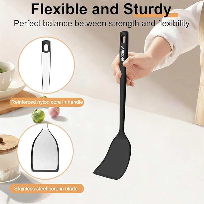 Silicone Spatula Turner Set, 4 Pack, 600°F Heat Resistant Cooking Spatulas, Spoons, BPA Free & Non-Stick Kitchen Utensils, Ideal for Flipping Egg, Pancake, and Serving, Dishwasher Safe (Black)
