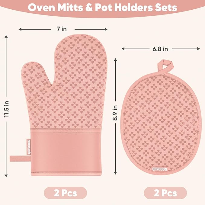 Oven Mitts and Pot Holders 4 Sets, Heat Resistant 500 ℉ Oven Mitt and Pot Holder,Oven Glove&Potholders with Non-Slip Silicone Surface,Kitchen Essentials for Cooking/Baking/BBQ-Pink