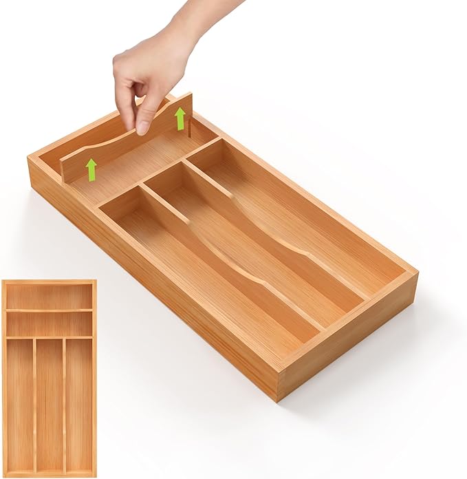 Unibambou Bamboo Utensil Drawer Organizer with Removable Dividers, Kitchen Organizer for Flatware Cutlery, Silverware Tray for Drawer (5/4 Flexible Slots, Natural)