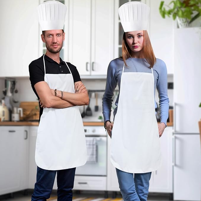 Coume Disposable Non Woven Apron Chef Hat Set, Adult Kitchen Aprons Adjustable Bakery Hats for Kitchen Cooking Baking