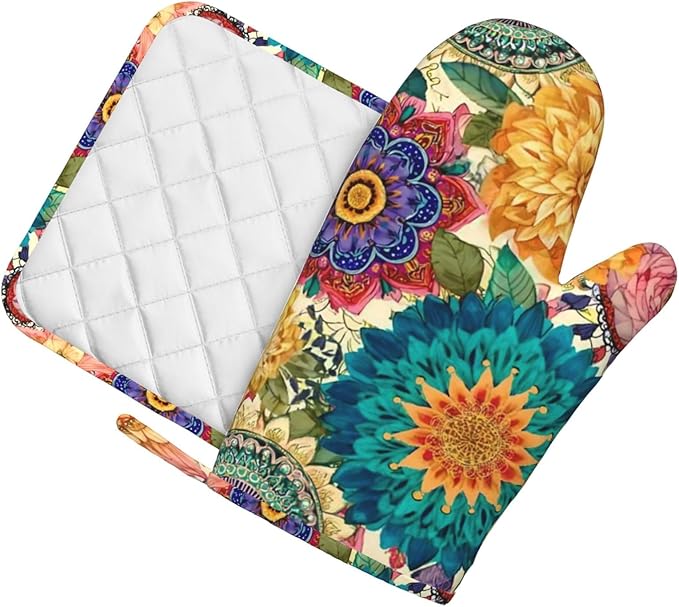 Oven Mitts and Pot Holders Colorful Flower Pattern Boho Silicone Kitchen Accessories Set of 2 Heat Resistant Long Gloves Potholder Non-Slip Grip for Chef Cooking,Baking,Grilling,BBQ