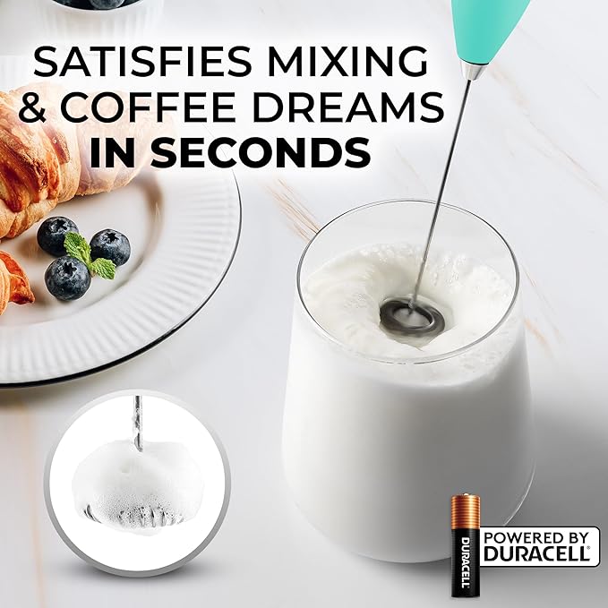 Zulay Kitchen Milk Frother Handheld Electric Whisk with AA Duracell Batteries – Durable Drink Mixer for Coffee, Lattes, Cappuccinos & More - Aqua