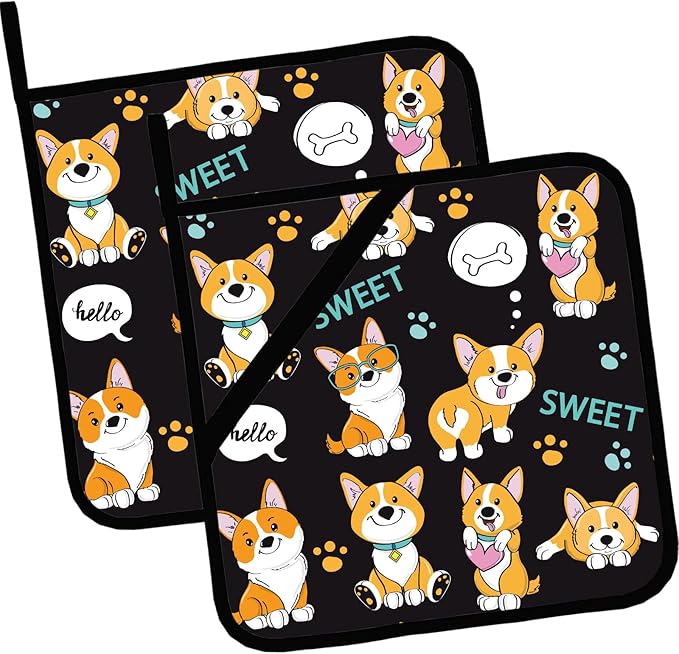 Cute Dogs Corgi Pot Holders 2 PCS,Kitchen Heat Resistant Hot Pads for Cooking Grilling Baking BBQ, Pot Holders for Women Cook Home Microwave