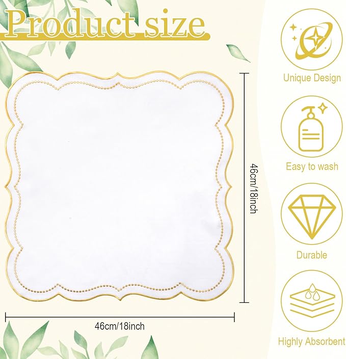Hahafelt Cloth Napkins 18x18inches Scalloped Embroidery Cloth Napkins Washable Polyester Table Dinner for Hotel Restaurant Weddings Events Parties (Gold,12 Set)