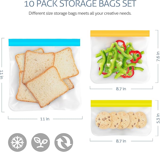 Reusable Gallon Freezer Bags, 10 Pack Dishwasher Safe Silicone Food Snack Storage Bags with 3 Sizes for Snack, Sandwich, Lunch