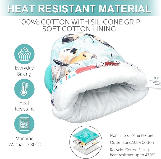 Alselo Mini Oven Mitts,2pk - Silicone Little Kitchen Gloves, Heat Resistant with Non-Slip Grip and Soft Quilted Cotton Lining for Safe Backing Cooking Barbecue (Turquoise, Butterfly)