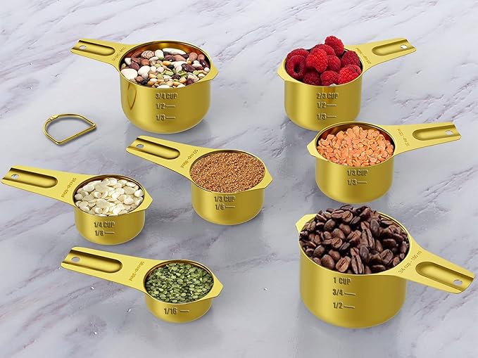 Wildone Gold Measuring Cups & Spoons Set of 21 - Includes 7 Stainless Steel Nesting Measuring Cups, 8 Measuring Spoons, 1 Leveler & 6 Mini Measuring Spoons, Ideal for Dry & Liquid Ingredients