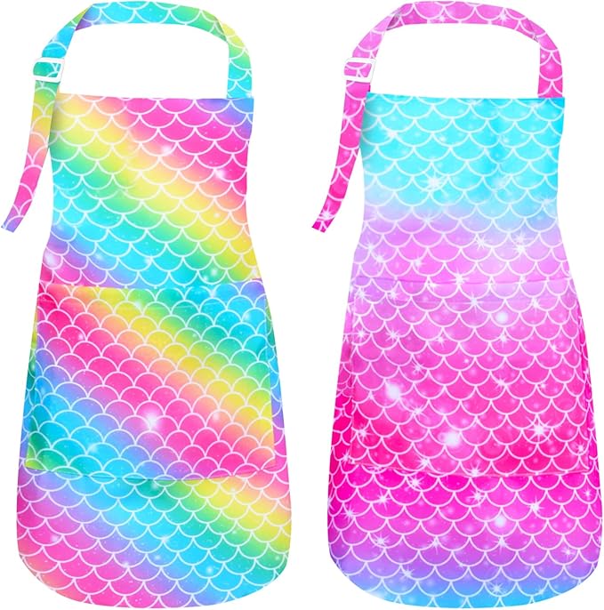 PASHOP 2 Pack Kids Apron Mermaid Toddler Apron With Pockets for Kids Girls Boys Cooking Baking Painting