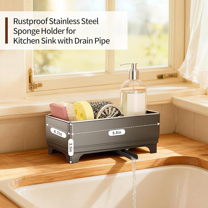 MOUKABAL Sponge Holder for Kitchen Sink – Rustproof Stainless Steel, 360° Rotating Drain Pipe, Large Counter Organizer with Drip Tray for Sponges, Brushes & Dish Cloths Grey