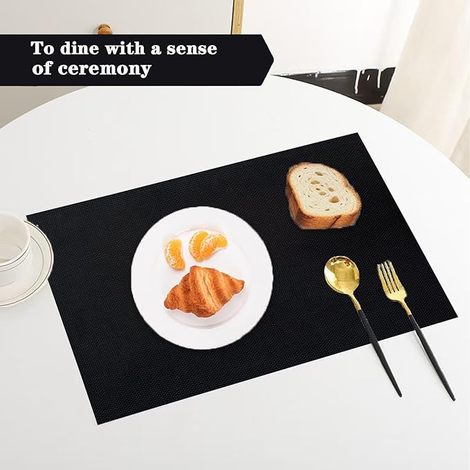 Black Placemats Set of 2 - Heat Resistant Non-Slip Place mats for Dining Table, Washable Durable PVC Vinyl Woven Table Mats (Black, 2)