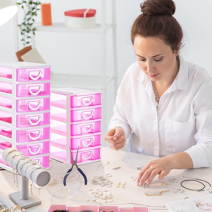 Thyle 2 Pcs Plastic Drawers Organizer Mini Organizer Stackable Plastic Clear Drawer Storage Box Containers Storage Units for Desktop Classroom Craft 6.7 x 4.9 x 13.4 inches(Rose Red)