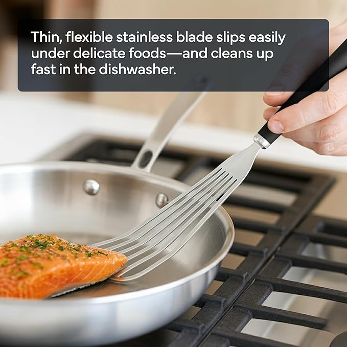 Misen Fish Stainless Steel Spatula - Slotted Turner for Cooking - Perfect for Frying - Heat Resistant - Dishwasher Safe -1mm Thick Flexible Flipper - Soft Silicone Grip Handle for Easy Use