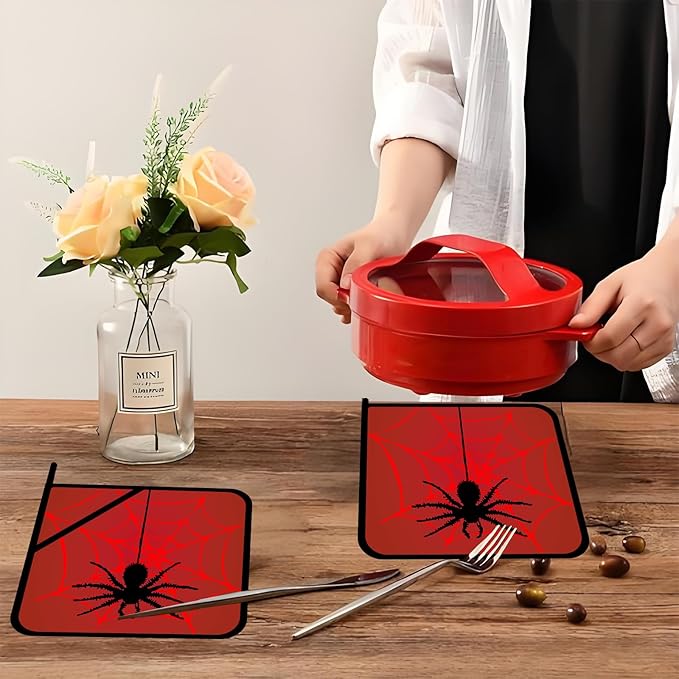Red Spider Web Pot Holders Set of 2,Kitchen Heat Resistant Potholders for Microwave Cooking Baking Oven and BBQ Gifts for Women