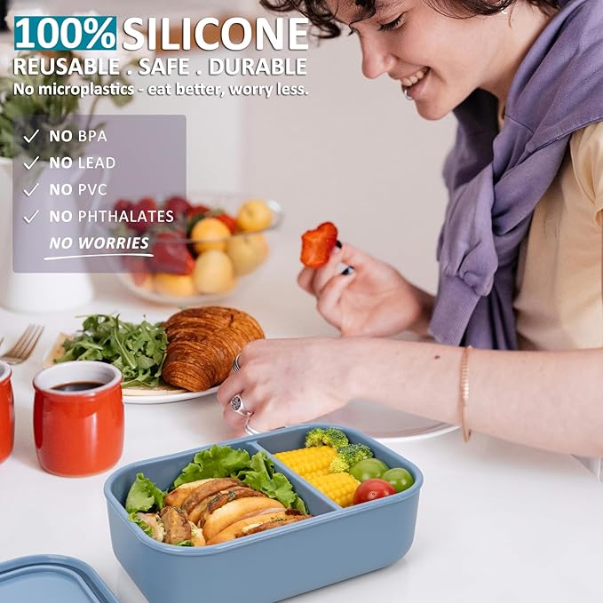 100% Silicone Bento Box Adult with 2 Compartments, 32oz, Reusable Divided Lunch Box Meal Prep Containers for Entree and Side Food Snack Storage, BPA-Free Plastic-Free, Microwave Dishwasher safe, Blue