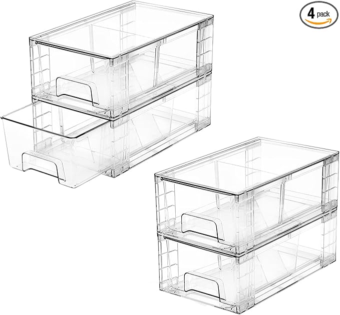 4 Pack Stackable Storage Drawers with Handles, Easy Assembly Clear Acrylic Fridge Organizer, Refrigerator Organizers and Storage for Kitchen, Under Sink, Pantry, Bathroom