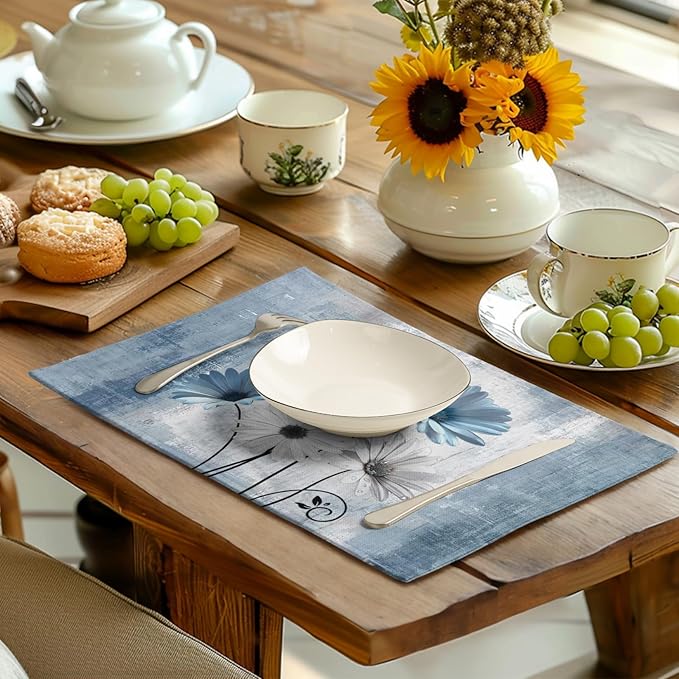 Daisy Placemats Set of 4 Blue Grey Rustic Vintage Floral Table Place Mats 12x18 Inch Seasonal Flower Spring Summer Linen Placemat for Party Kitchen Dining Outdoor Indoor Decor