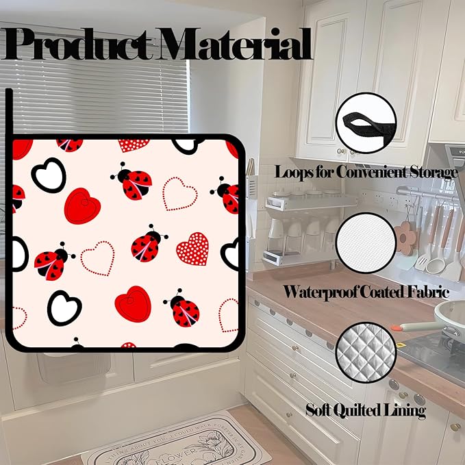 Ladybug and Heart Pot Holders 2 PCS,Kitchen Heat Resistant Hot Pads for Cooking Grilling Baking BBQ, Pot Holders for Women Cook Home Microwave