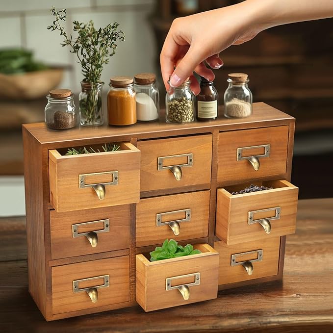 Flexzion Apothecary Cabinet with Drawers - 9 Vintage Apothecary Drawers Desktop Organizer for Home & Office - Wooden Tabletop Library Card Catalog Cabinet Storage for Jewelry, Makeup & Tools, Brown