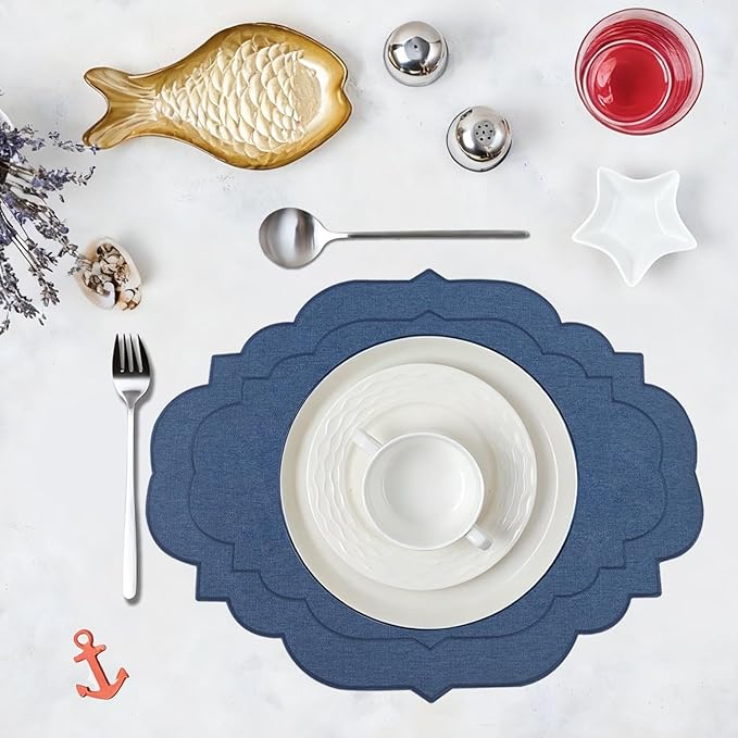 Cotton Linen Oval Placemats Set of 4, HADEEONG Table Mats Cloth Placemats, Washable Wrinkle Resistance, Scalloped & Embroidered Fabric Placemats, 17.71 x 13.77 inch (Navy Blue, 4)