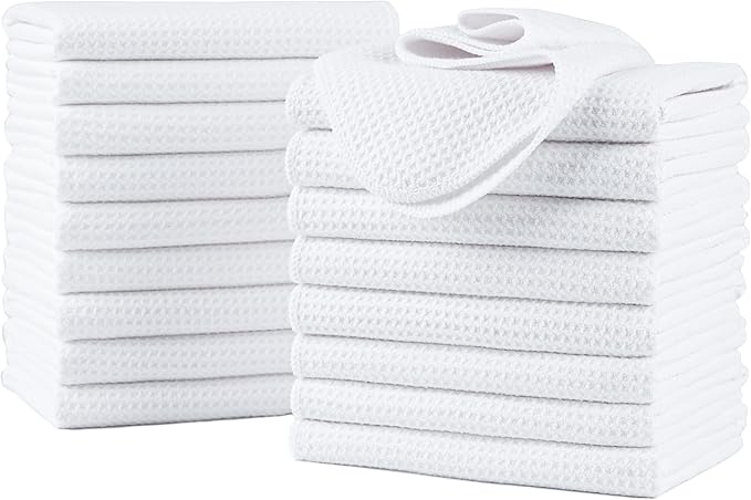 POLYTE Premium Microfiber Kitchen Dish Hand Towel Waffle Weave 18 Pack (16x28 in, White)