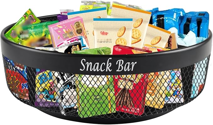 Snack Organizer for Countertop, Metal Turntable Organizer with Divider, 4 Compartment Snack Storage Spinning Snack Tray, Lazy Susan Snack Spinner for Snack Bar Organizer Pantry Storage-Black