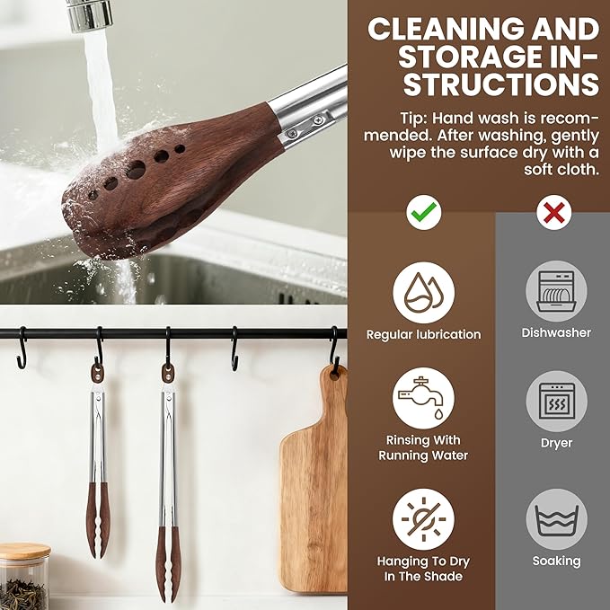 9-Inch Wooden Tongs for Cooking - Heat Resistant Natural Walnut Wood Kitchen Tongs, Stainless Steel Salad Tong with Walnut Wood Tips for Serving Food, Cooking, Tossing Salad, Grilling, BBQ (9 Inch)