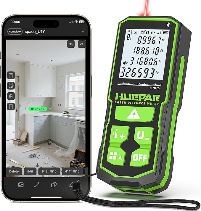 Huepar Laser Distance Measure 330Ft. Digital Rechargeable Laser Measuring Tool with Bluetooth -Phone APP, 1/16in Accuracy, Angle Sensor, M/in/Ft Unit, Pythagorean Mode, Measure Distance, Area, Volume