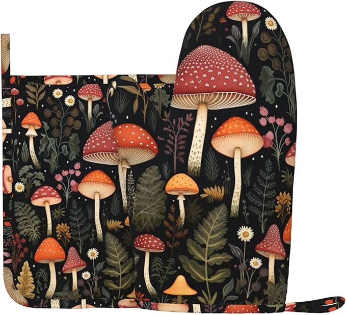 Oven Mitts and Pot Holders Mushroom Botanical Leaf Vintage Silicone Kitchen Accessories Set of 2 Heat Resistant Long Gloves Potholder Non-Slip Grip for Chef Cooking Baking Grilling BBQ