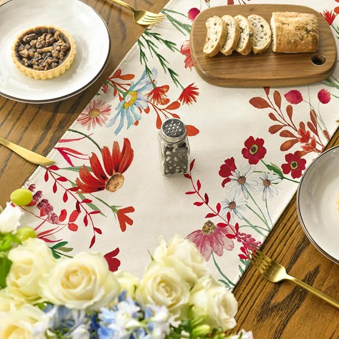Artoid Mode Orange Daisy Flowers Floral Leaves Summer Table Runner, Spring Kitchen Dining Table Decoration for Home Party Decor 13x72 Inch