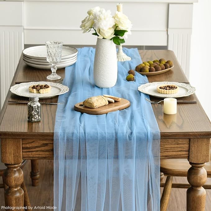Artoid Mode 3PCS Dusty Blue Gauze Table Runner 120 Inch 10FT, Seasonal Sheer Kitchen Dining Holiday Wedding Birthday Baby Shower Table Decor for Home Party