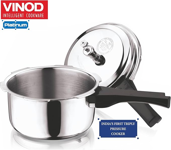 Vinod Platinum Triply Stainless Steel Pressure Cooker Outer Lid - 5 Litre | SAS Bottom Cooker | Induction and Gas Base Cooker | ISI and CE certified