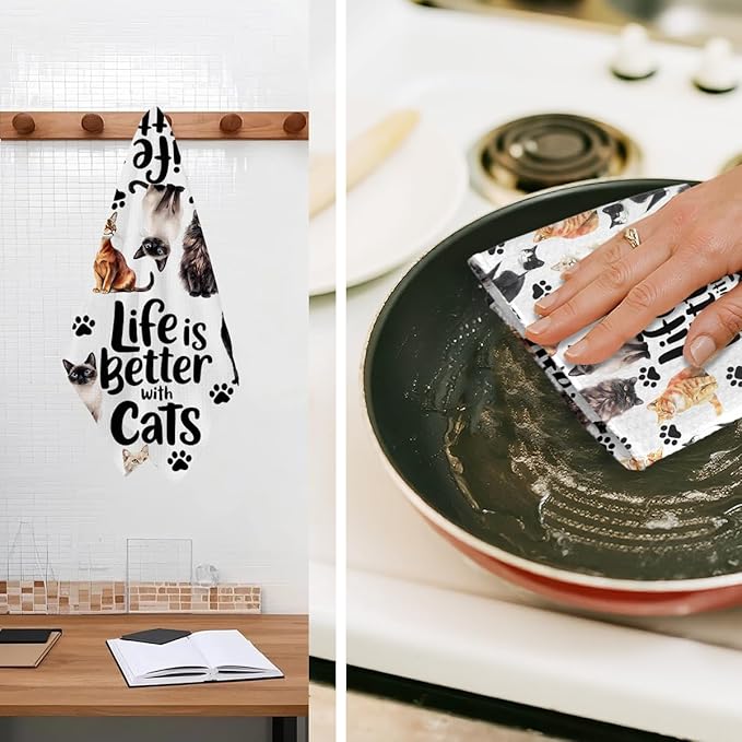 Jztco Cute Cat Kitchen Towels, Floral Cats Gifts Reusable Hand Tea Towel, Waffle Dish Towels for Kitchen Home Bathroom Decor, Cat Lover Gifts for Women Mom 24x14 Inch