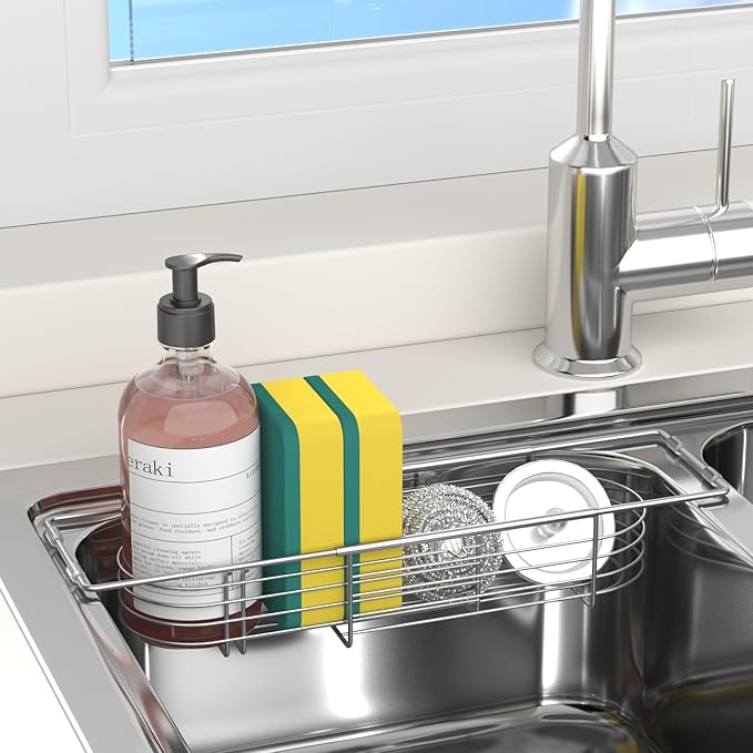 Sink Caddy Sponge Holder Kitchen Sink Organizer, Telescopic sink organizer rack for kitchen Expandable 13.4" to 17.1", Stainless Steel
